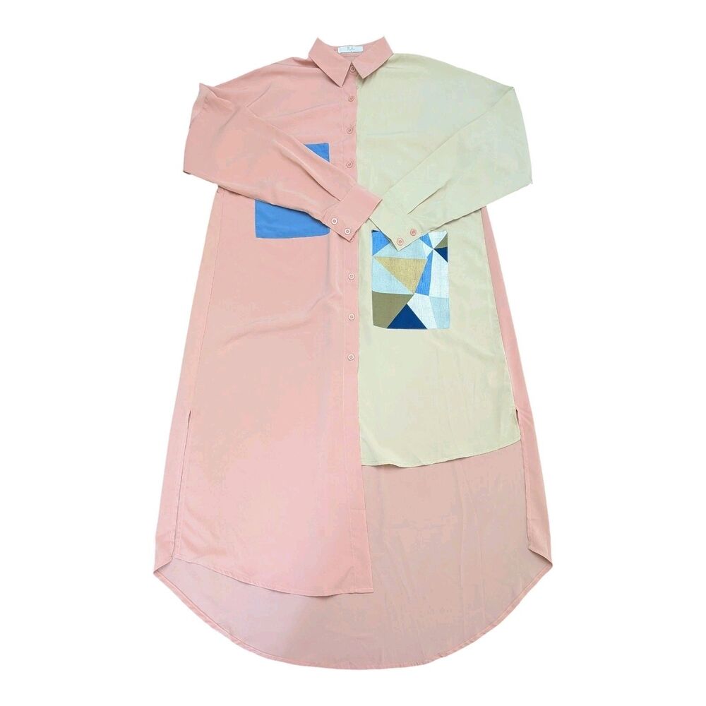 Boho Color Block Shirt Dress Maxi Asymmetric Patchwork Pastel Pink Beige Medium - Picture 5 of 9